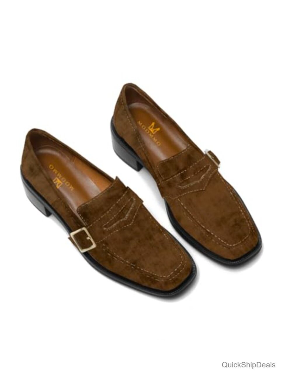 Chunky Heel Penny Loafers Square Toe Buckle Slip On Comfort Suede